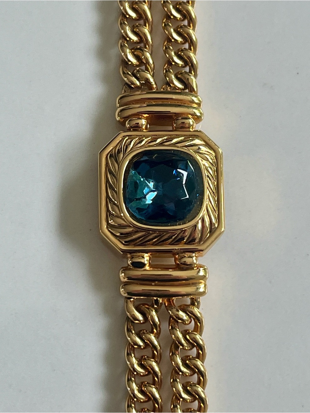 Lanvin Double Chain Bracelet with Sapphire Blue Centre Stone.